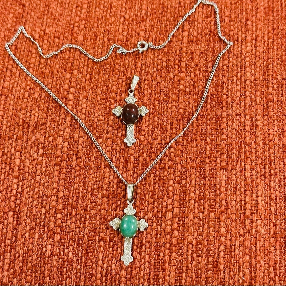 Vintage Brown and Green Stone Cross Charm with Silvertone Chain